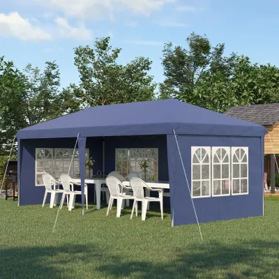 Faltpavillon 6 x 3 m, halboffen, abnehmbare Seitenwände, grosse Fenster, Tragetasche, Stahlrahmen | Blau