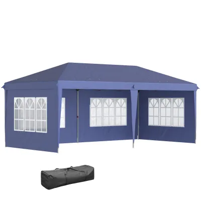 Faltpavillon 6 x 3 m, halboffen, abnehmbare Seitenwände, grosse Fenster, Tragetasche, Stahlrahmen | Blau