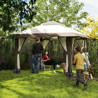 4 x 4 m Garten-Pavillon, Gartenzelt mit Netzwänden, UPF50+ Schutz, Höhenverstellbares Partyzelt, Beige
