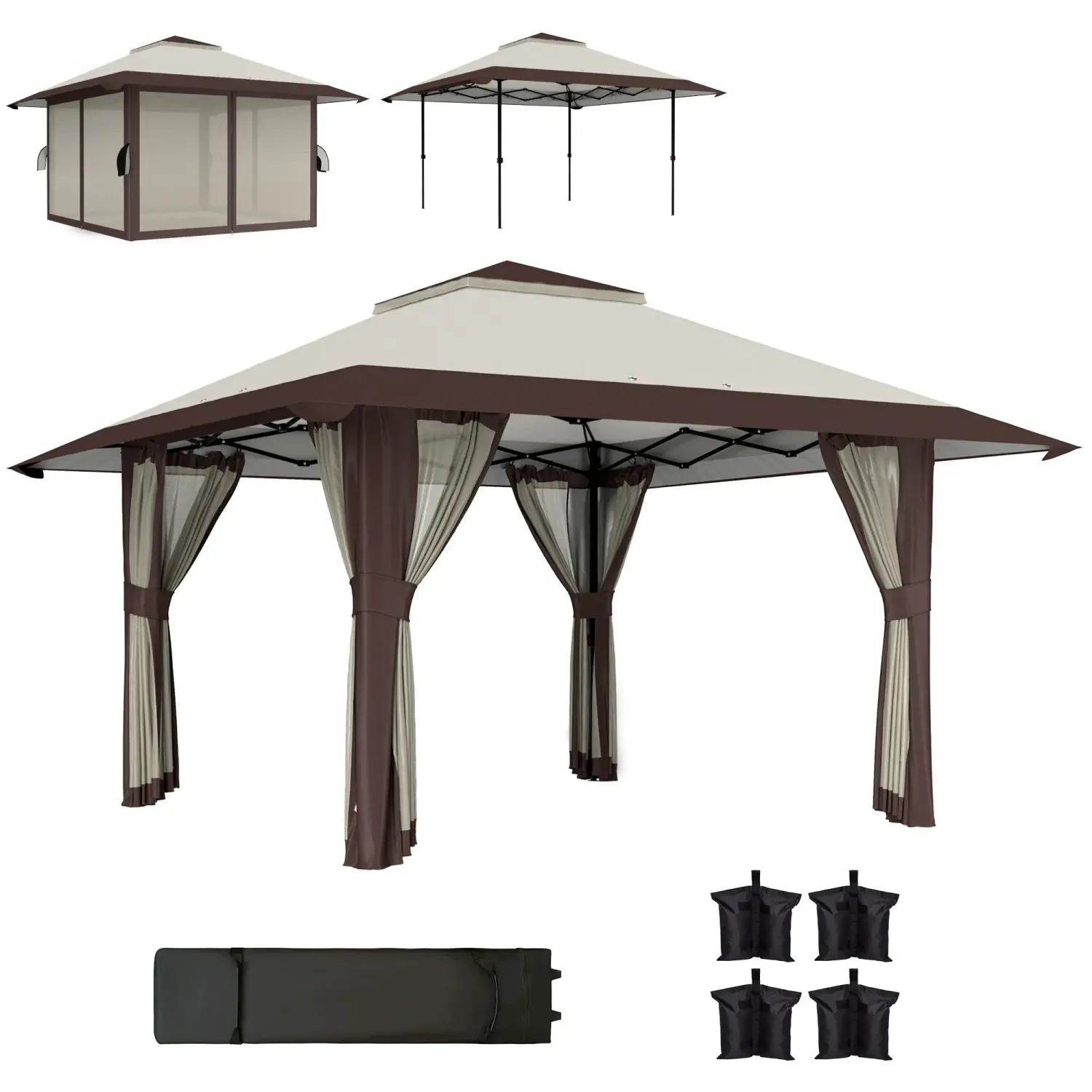 4 x 4 m Garten-Pavillon, Gartenzelt mit Netzwänden, UPF50+ Schutz, Höhenverstellbares Partyzelt, Beige