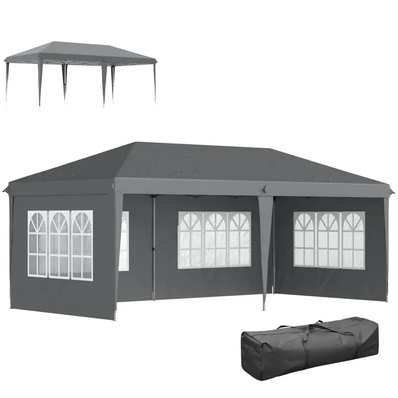 Pavillon ca. 3x6m Wasserdicht Pop-up Faltpavillon mit 4 Seitenwänden, Fenster UV-Schutz Tragetasche | Grau