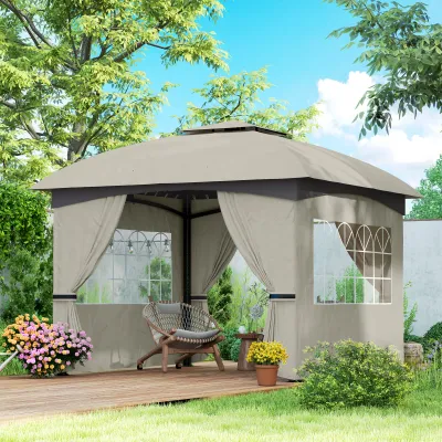 3,4 x 3,4 m Gartenpavillon, Gartenzelt mit Lüftungsdach, Bogenfenstern, Stahlgestell, Hellgrau