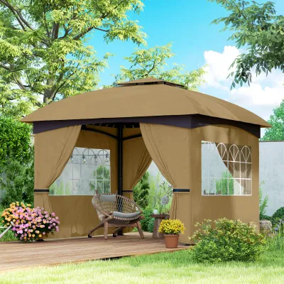 3,4 x 3,4 m Gartenpavillon, Gartenzelt mit Lüftungsdach, Bogenfenstern, Stahlgestell, Beige
