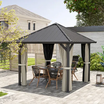 3 x 3 m Luxus-Hartdach-Pavillon, Gartenpavillon mit galvanisiertem Metalldach, Wasserdichtes Gartenzelt mit Netz und Seitenwänden, Dunkelgrau