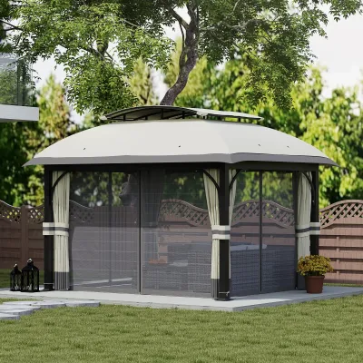 Luxuriöser Gartenpavillon, 3,3 x 4 m Gartenzelt mit Netz-Vorhängen, zweistufiges Dach, Metallrahmen, Hellgrau