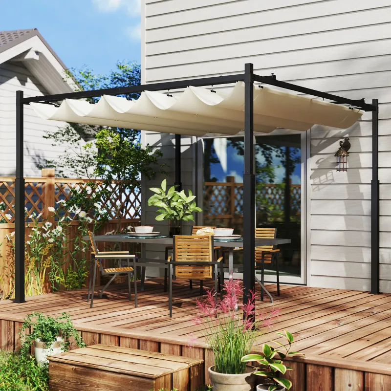 Garten-Pergola, Pavillon, 3 x 3 m | Ausziehbares Dach & Magnetpad | Cremeweiss