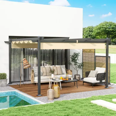 Garten-Pergola, ca. 4x4m Pavillon mit Aluminium-Rahmen, Outdoor-Baldachin, für Garten, Balkon, Terrasse, Beige