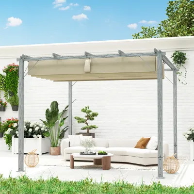 3 x 3 m Garten-Pergola, Pavillon, Aluminium-Rahmen, UPF30+ Sonnenschutz, Holz-Optik, grau