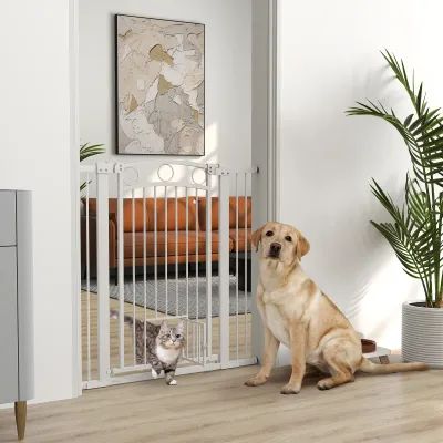 Hundegitter 106 cm hoch, weiss, Katzentür, verstellbar, Sicherung für Treppen