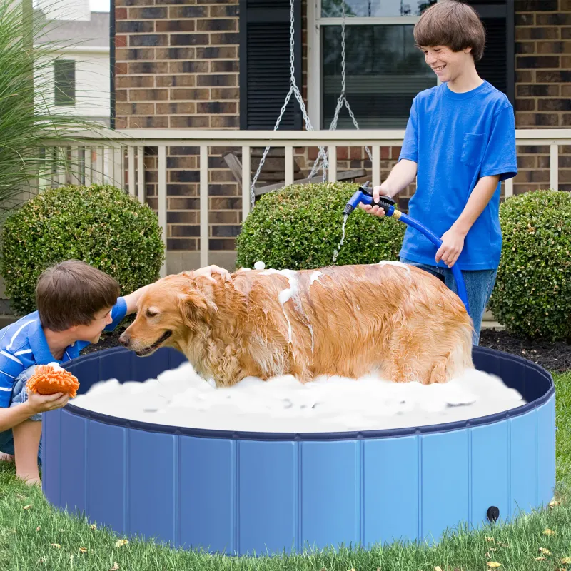 Hundebadewanne, Hundepool Planschbecken Swimmingpool Wasserbecken für Hunde Kunststoff+Holz Blau Ø140 x H30 cm