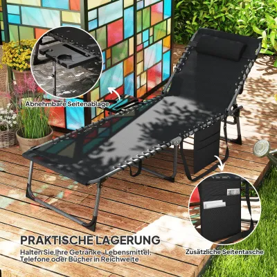 Sonnenliege klappbar, Gartenliege mit Kopfkissen, 5-fach verstellbar, 120 kg, Schwarz