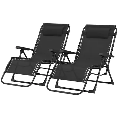 2er Set Sonnenliege mit verstellbarer Rückenlehne und Kopfkissen aus Textilene, 90 x 65 x 112 cm, Schwarz