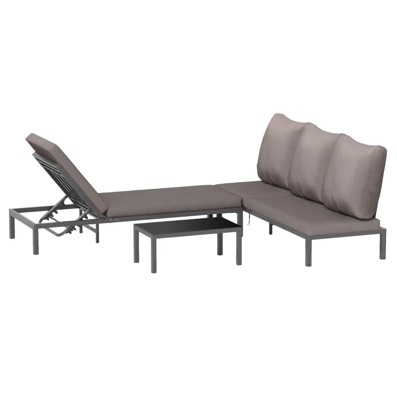 Modulares Gartenmöbel-Set, 2 Sonnenliegen mit Matratze + 1 Couchtisch mit gehärteter Glasplatte, Aluminium Modulares Gartenmöbel-Set, 2 Sonnenliegen mit Matratze + 1 Couchtisch mit gehärteter Glasplatte, Aluminium