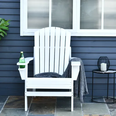 Adirondack Gartenstuhl mit Becherhalter, Gartenliege, Balkonstuhl, Tannenholz, Weiss, 97 x 72,5 x 93 cm