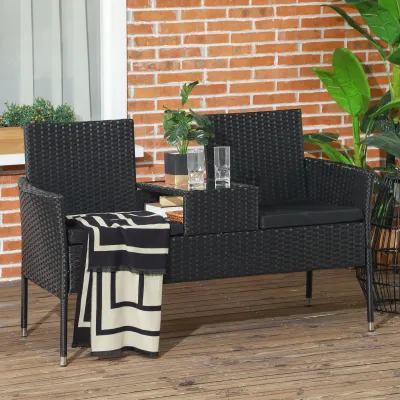 Rattan-Gartensofa 2-Sitzer mit Kaffeetisch, Schwarz