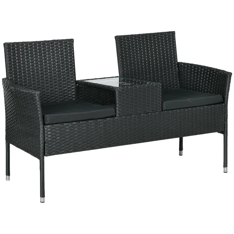 Rattan-Gartensofa 2-Sitzer mit Kaffeetisch, Schwarz