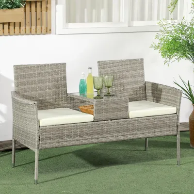 Rattan-Gartensofa 2-Sitzer mit Kaffeetisch, Grau und Creme