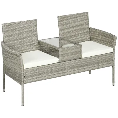 Rattan-Gartensofa 2-Sitzer mit Kaffeetisch, Grau und Creme