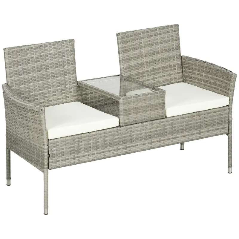 Rattan-Gartensofa 2-Sitzer mit Kaffeetisch, Grau und Creme