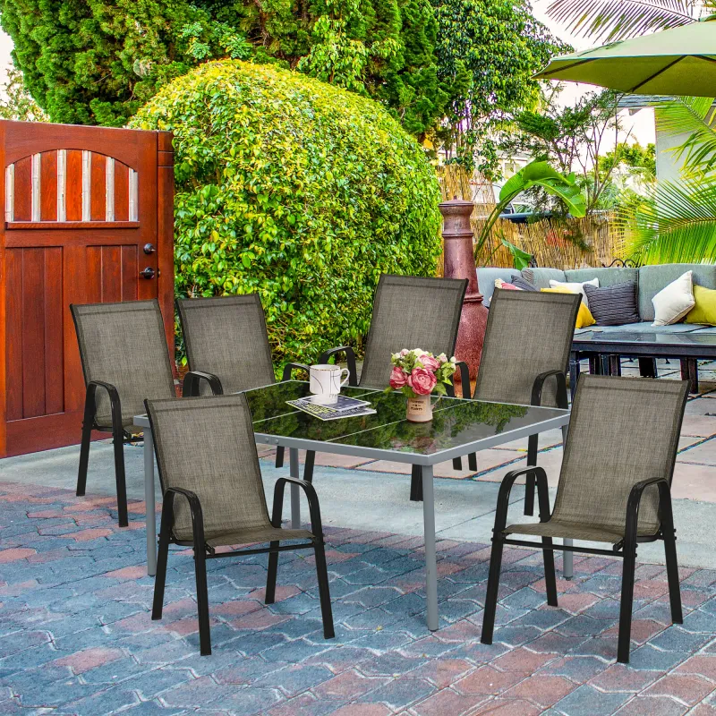 6er Set Gartenstühle, Stapelbare Outdoor-Stühle aus Metall und atmungsaktivem Netzgewebe, Braun