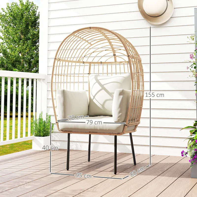 Rattansessel Ei-Förmig mit abnehmbarem Kissen, Polster, Beige