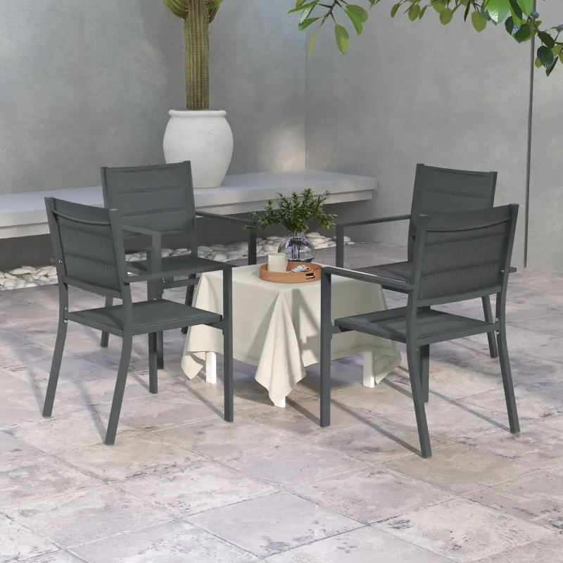 4er Set stapelbare Gartenstühle aus Aluminium und Textilene mit Armlehnen
