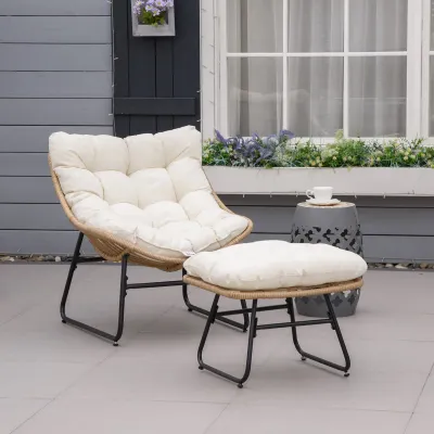 Garten-Liegestuhl mit passendem Hocker in Rattan-Optik mit weichen Kissen - Natur
