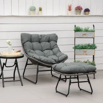 Rattan Relaxsessel mit Fusshocker & dicken Kissen für Garten, Balkon, Terrasse Grau