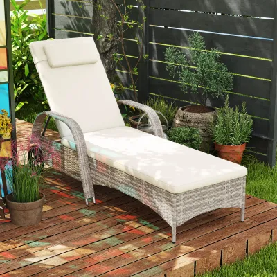 Mobile Rattan-Gartenliege Sonnenliege mit Kissen, Hellgrau