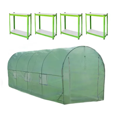 Polytunnel Gewächshaus mit Regalen – 5 x 2 m, 19 mm Stahlrahmen, wetterfeste PE-Abdeckung