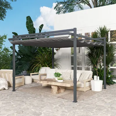 Pergola Pavillon ca. 3,5 x 3 m, Aluminium, winterfest | Sonnenschutz mit verstellbarem Schiebedach, Grau