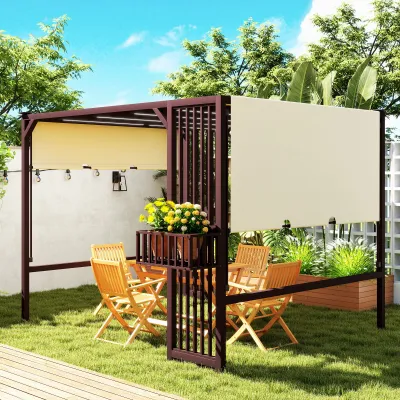 Pergola Pavillon 3 x 2,5 m, dunkelbraun | Verstellbares Schiebedach, Sichtschutz & Pflanzkübel, UPF30+