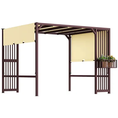 Pergola Pavillon 3 x 2,5 m, dunkelbraun | Verstellbares Schiebedach, Sichtschutz &amp; Pflanzkübel, UPF30+