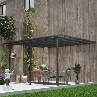 Anbau-Pergola 4,35 x 3,02 m | Höhenverstellbar 231–250 cm, Alu-Rahmen, PC-Dach, Grau