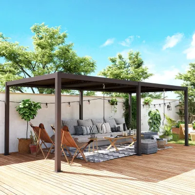 grosse Gartenpergola 3 x 6 m mit verstellbaren Lamellen | Aluminium/Stahl, Dunkelgrau, Entwässerungssystem