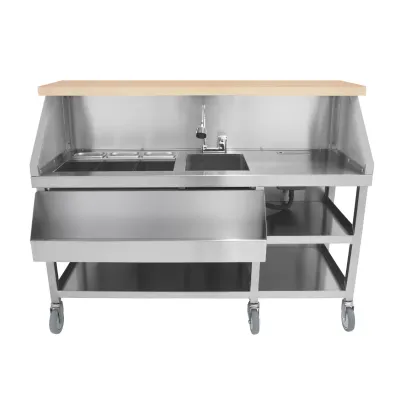 Mobile Cocktailbar‑Station aus Edelstahl #304 | 62 l Eisfach, Spülbecken, 6 Rollen, Speedrail, Holzoptik