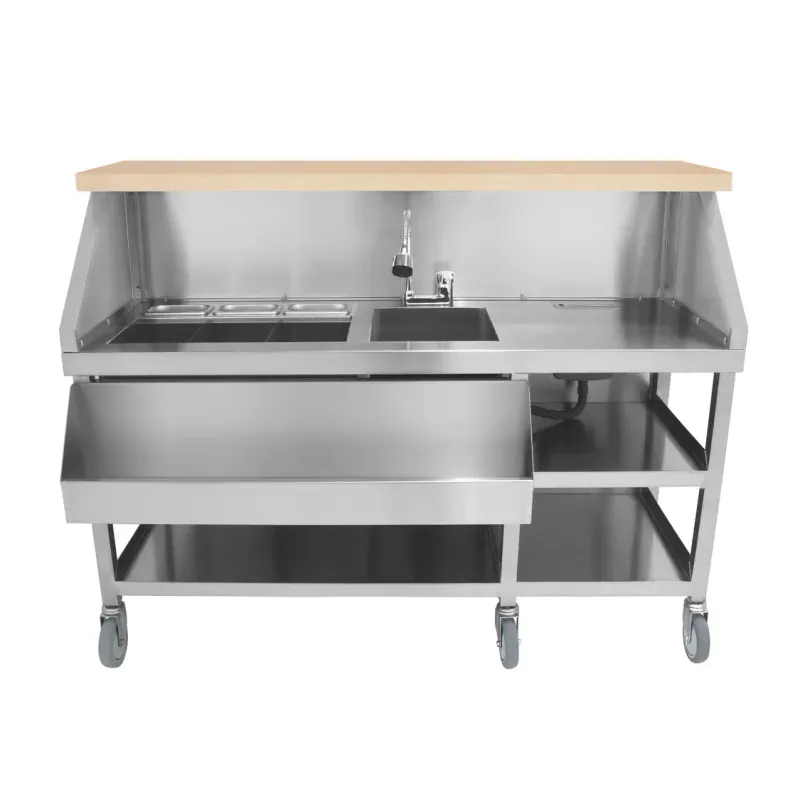 Mobile Cocktailbar‑Station aus Edelstahl #304 | 62 l Eisfach, Spülbecken, 6 Rollen, Speedrail, Holzoptik