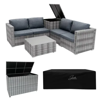 Rattan Gartenmöbel Set modular 6‑teilig mit 700L Aufbewahrungsbox – Grau mit Regenschutz