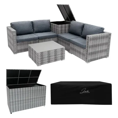 Rattan modulares 6‑teiliges Möbelset Grau mit 996L Aufbewahrungsbox – inkl. Tisch und Regenschutz