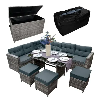 Rattan Eckgarnitur Set mit 582L Kissenbox – Grau | 9‑Sitzer, Glastisch