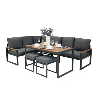 Aluminium Ecksofa‑Set 5‑teilig – Holz + 582L Rattan‑Box | Gehärtetes Glas