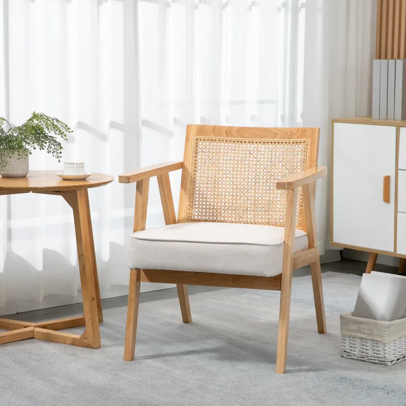 Exotischer Polsterstuhl, Kautschukholz, Leinenoptik‑Kissen, Cremeweiss – 63L x 69B x 78H cm, 120 kg