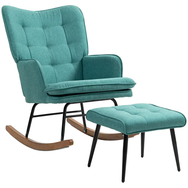 Schaukelstuhl mit Fusshocker, breite Sitzfläche &amp; hohe Rückenlehne, Dunkelgrün – Leinenoptik, 64 x 89 x 90 cm, 130 kg