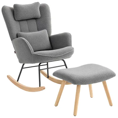 Schaukelstuhl mit Fusshocker, Fleece‑Bezug, Dunkelgrau – hohe Rückenlehne, Buchenholzbeine, 70,5 x 101,5 x 99,5 cm, 120 kg
