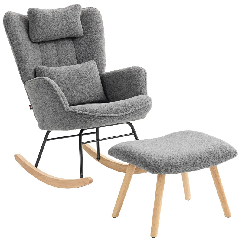 Schaukelstuhl mit Fusshocker, Fleece‑Bezug, Dunkelgrau – hohe Rückenlehne, Buchenholzbeine, 70,5 x 101,5 x 99,5 cm, 120 kg