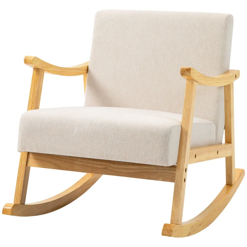 Schaukelstuhl mit Sitzkissen, Holzbeine, Beige – 66B x 92T x 78H cm, 120 kg