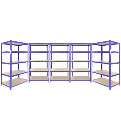 Set: 5 x Q‑Rax Lagerregale – 3x 180 x 90 x 50 cm + 2x 180 x 120 x 50 cm, Blau – 200 kg/Boden, schraubenlos