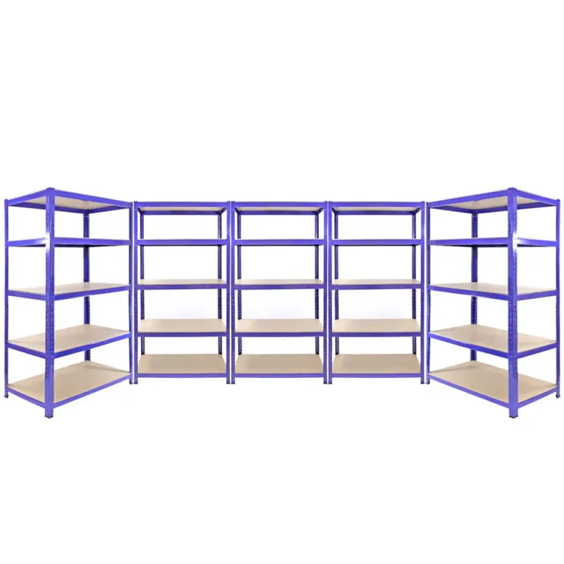 Set: 5 x Q‑Rax Lagerregale – 3x 180 x 90 x 50 cm + 2x 180 x 120 x 50 cm, Blau – 200 kg/Boden, schraubenlos Set: 5 x Q‑Rax Lagerregale – 3x 180 x 90 x 50 cm + 2x 180 x 120 x 50 cm, Blau – 200 kg/Boden, schraubenlos