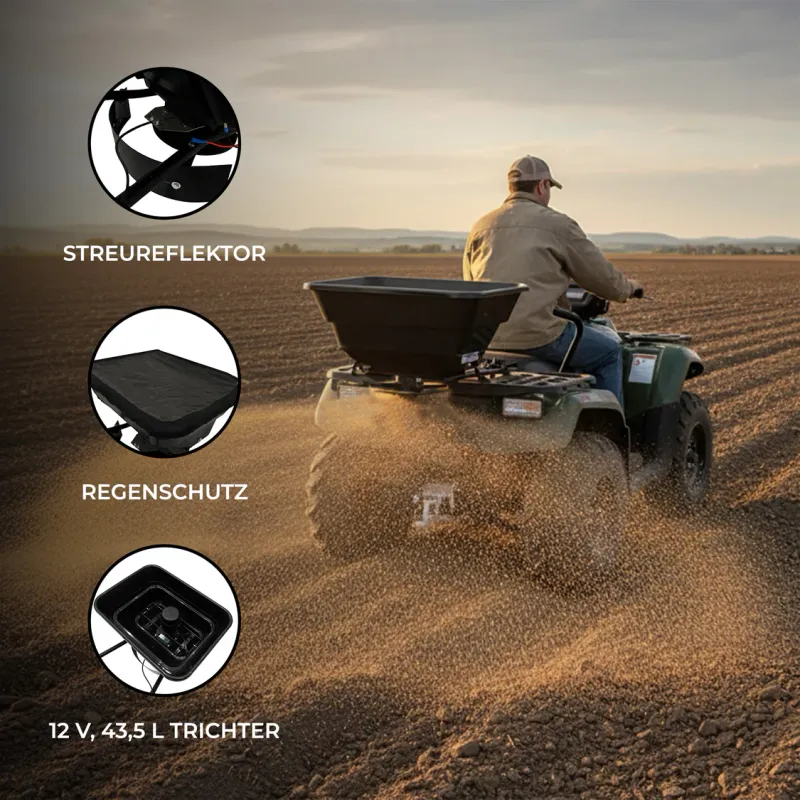 ATV-Streuer für Quad – 43,5 L Streugutbehälter mit 12V Motor für Dünger, Streusalz etc.