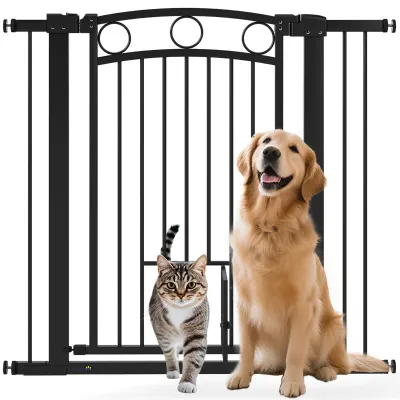 Hundegitter mit Katzentür, 96 cm, verstellbar 76–104 cm, Katzentür, schwarz, Treppengitter